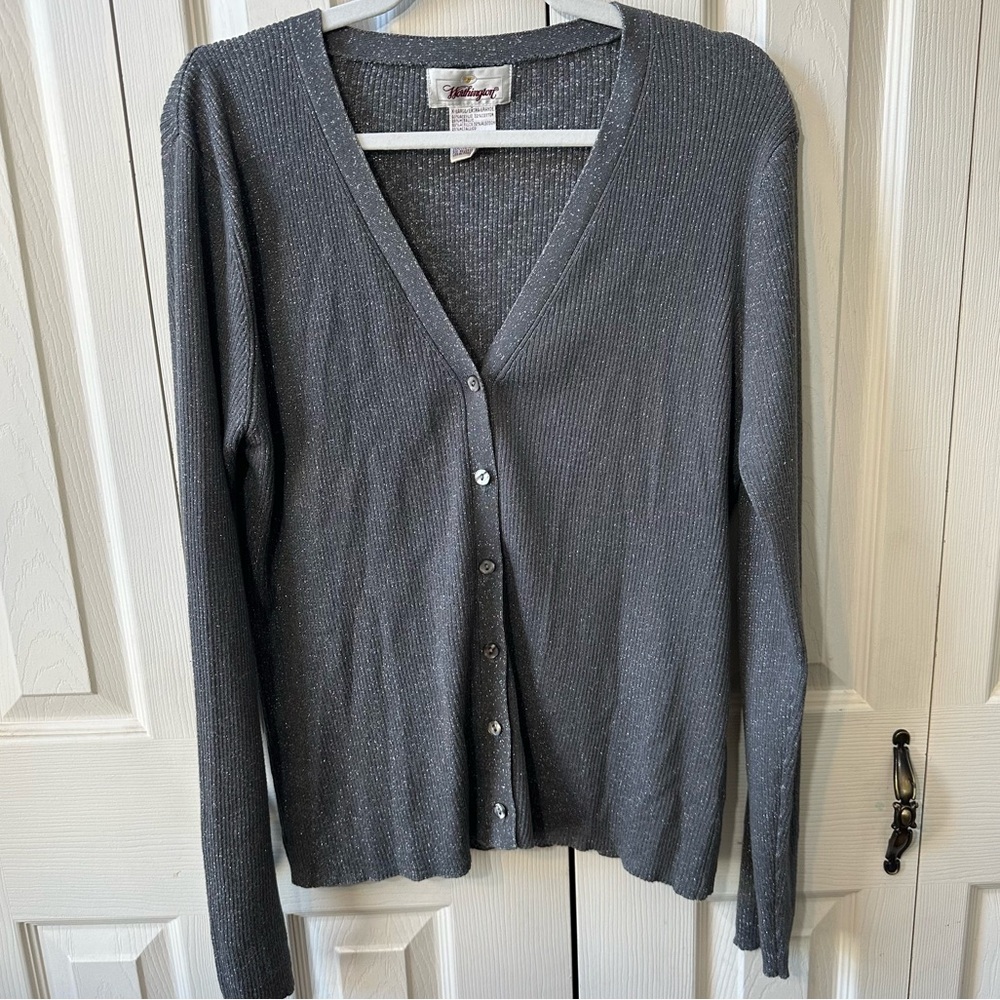 Worthington Metallic Knit Ribbed V-neck Button Down Sweater Womens Size XL
